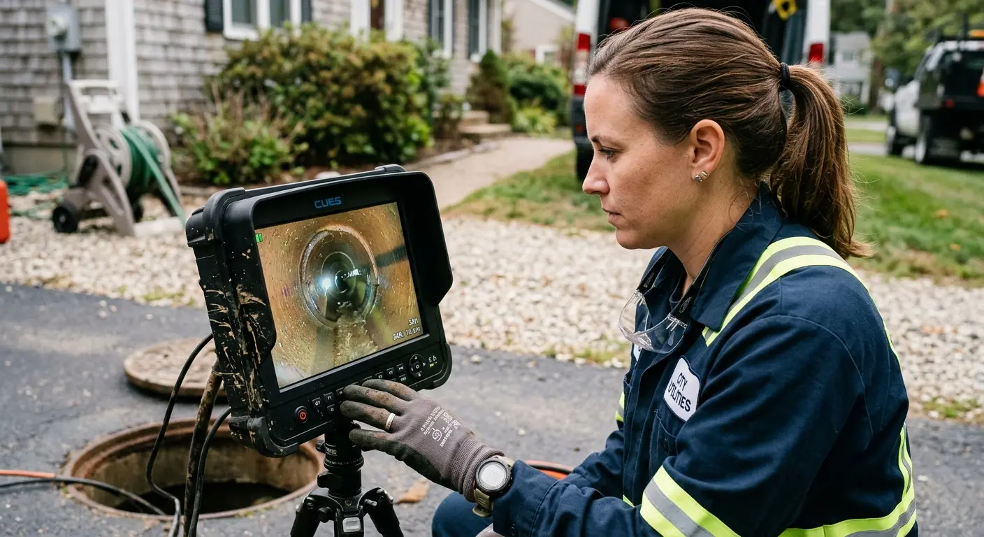 Technician reviewing sewer camera inspection footage in Lombard