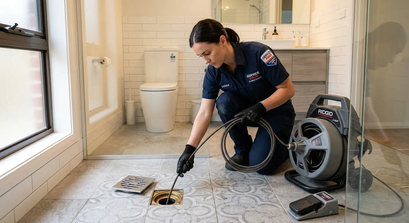 Technician clearing a bathroom floor drain for Sewer Line Replacement in Lombard